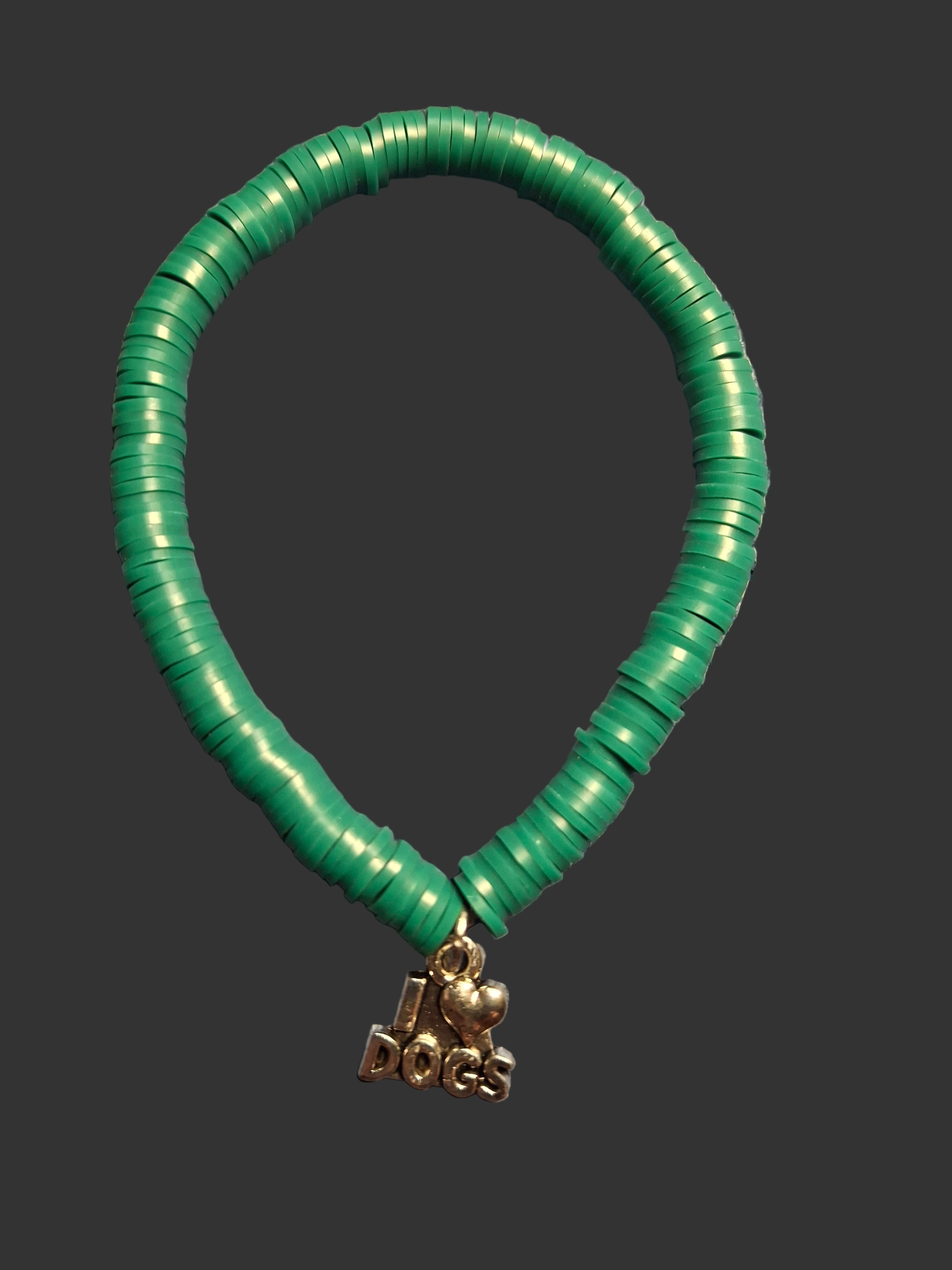 Green Clay Bracelet with I Love Dogs Charm