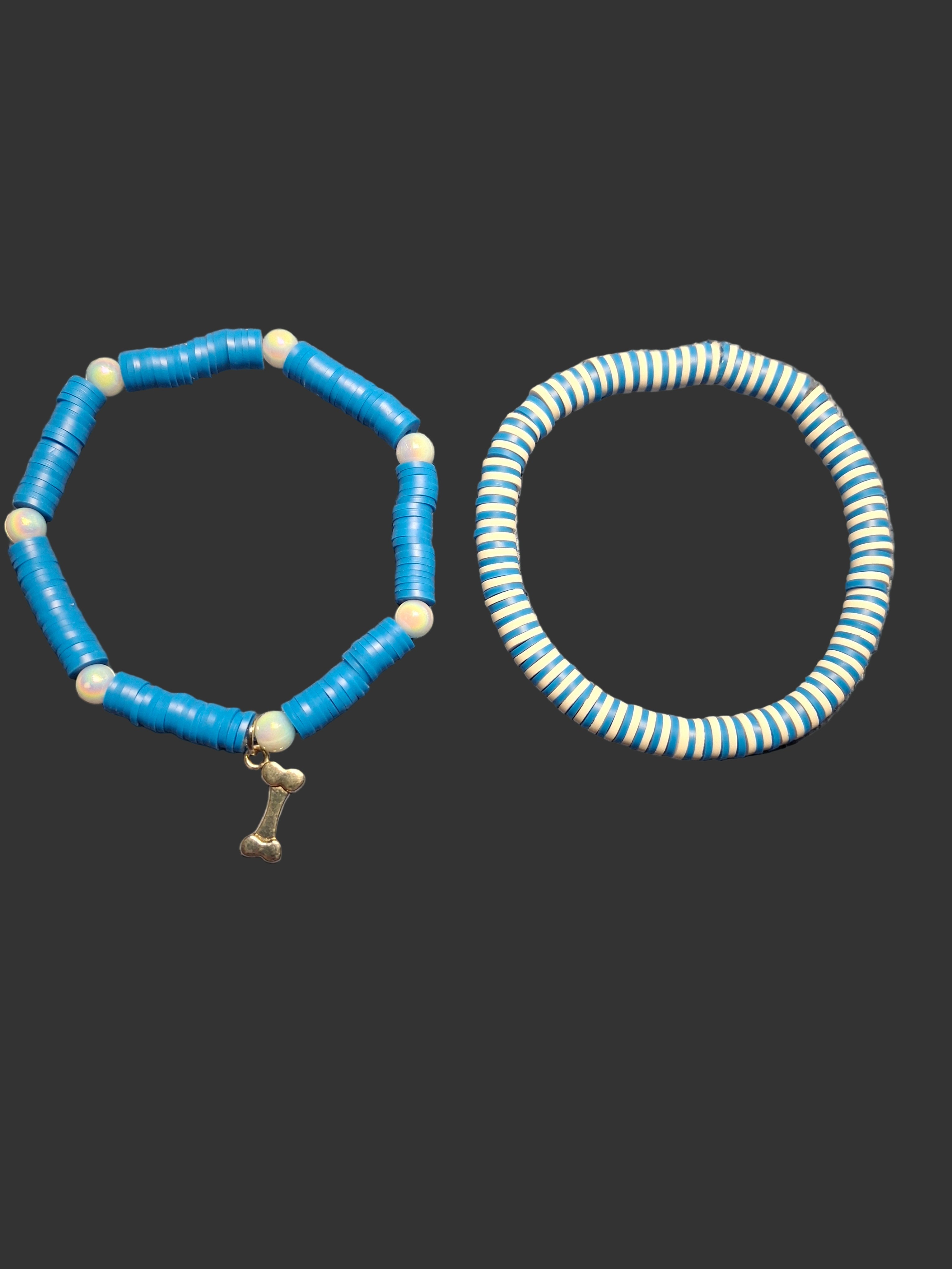 Light Blue and White Clay Bracelet with Bone Charm