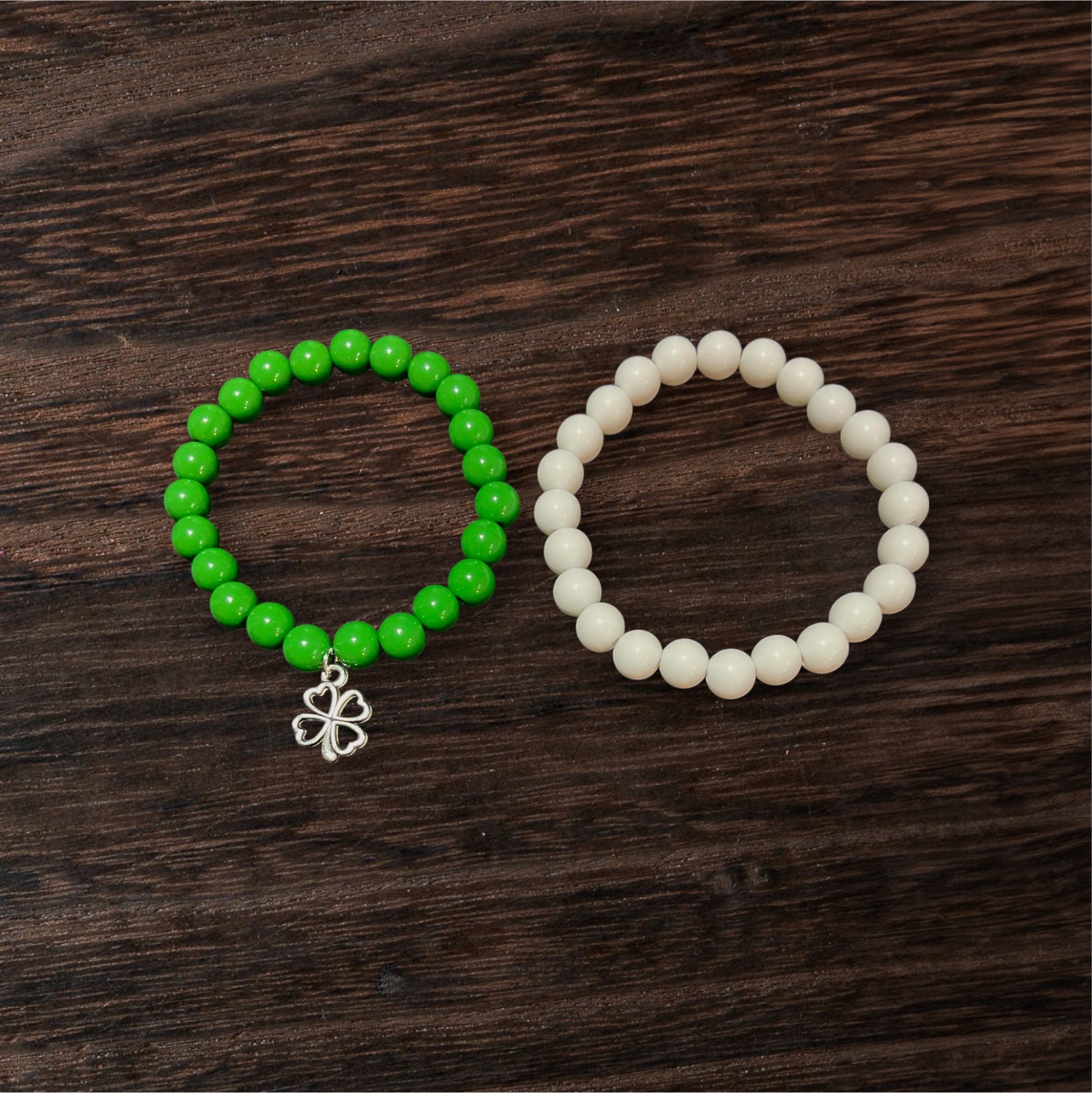 Green and White Bracelets with 4 leaf clover charm