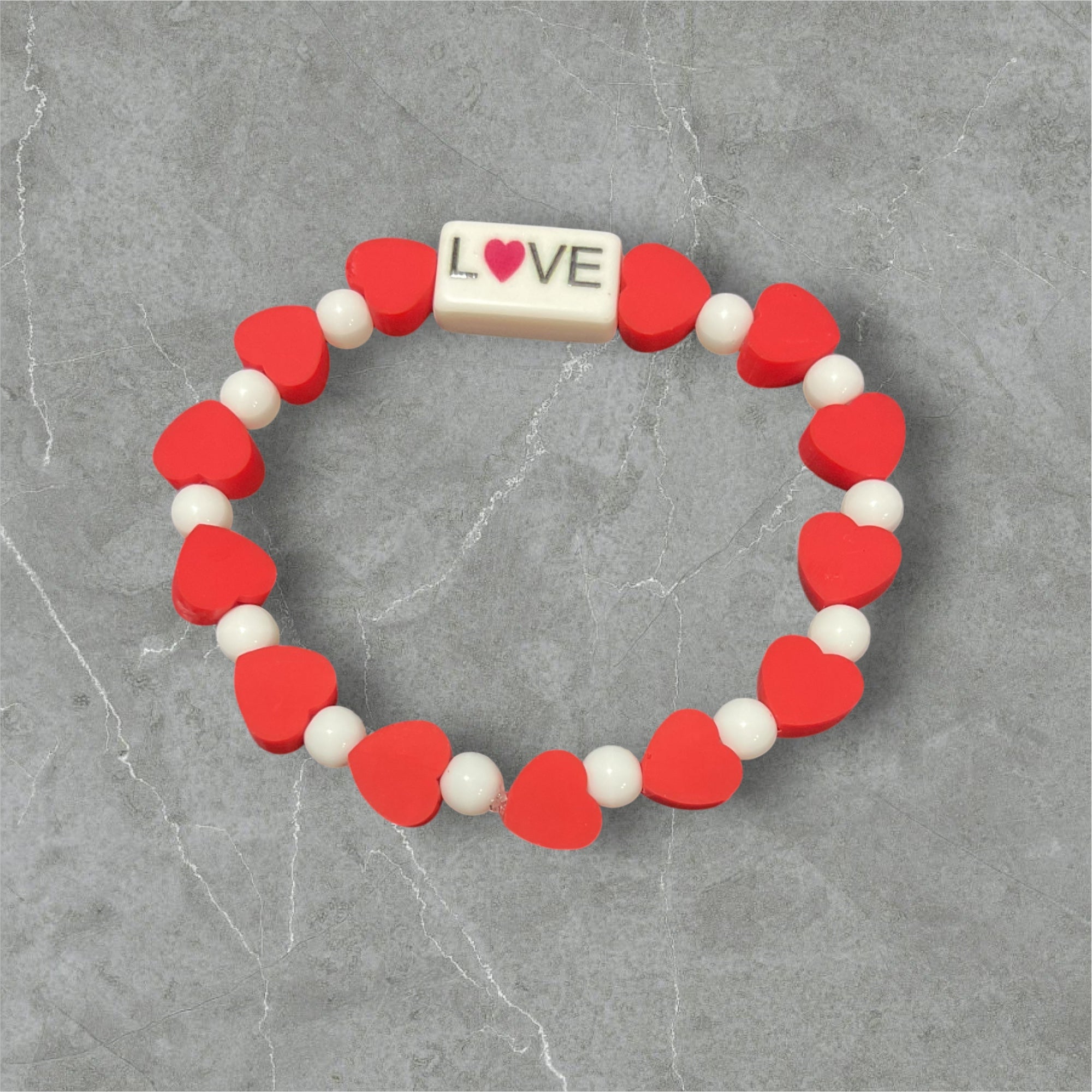 Red heart and white bead love bracelet