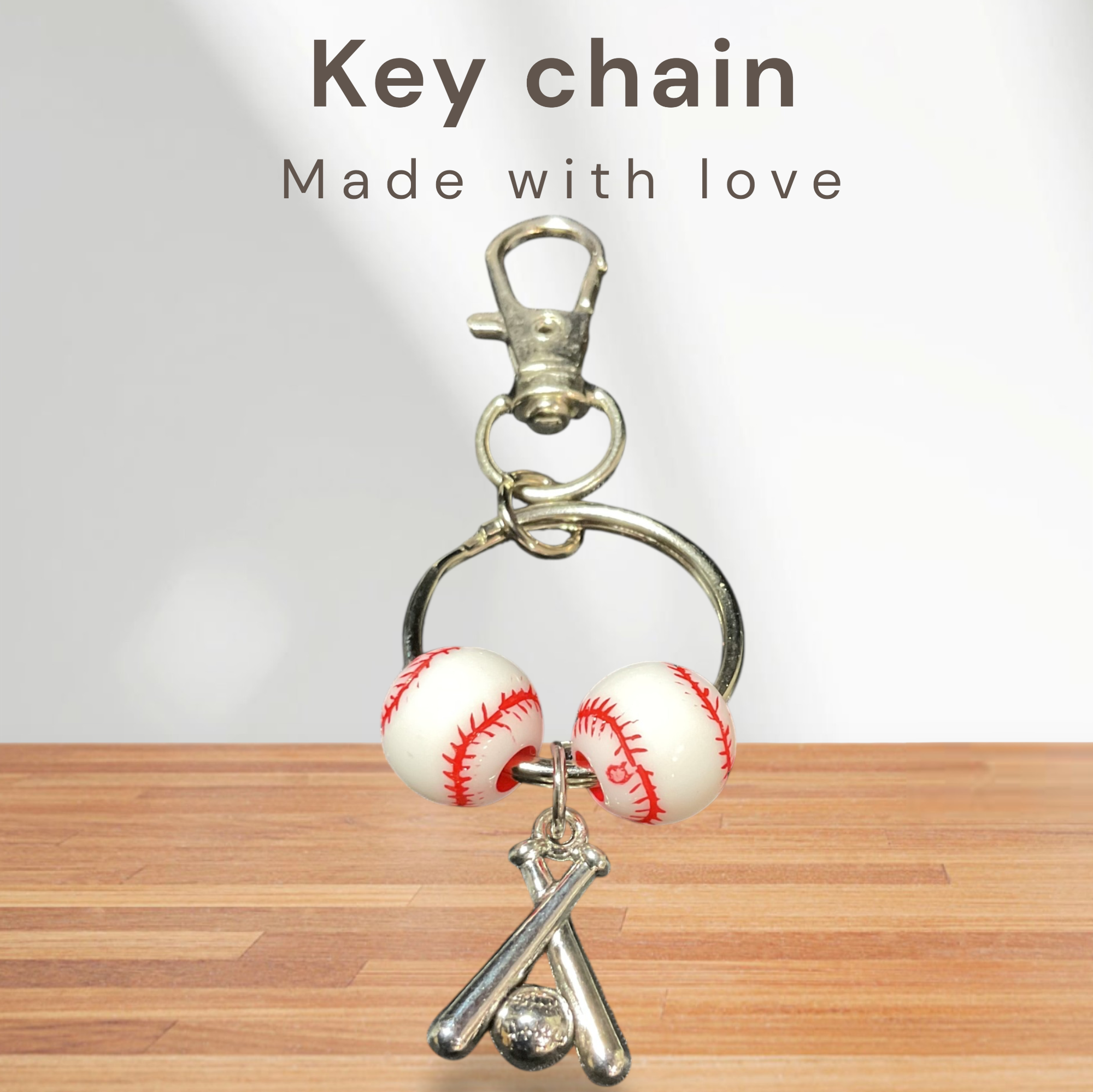 Baseball Key Chain with Criss Cross Bat and Red and White Baseballs