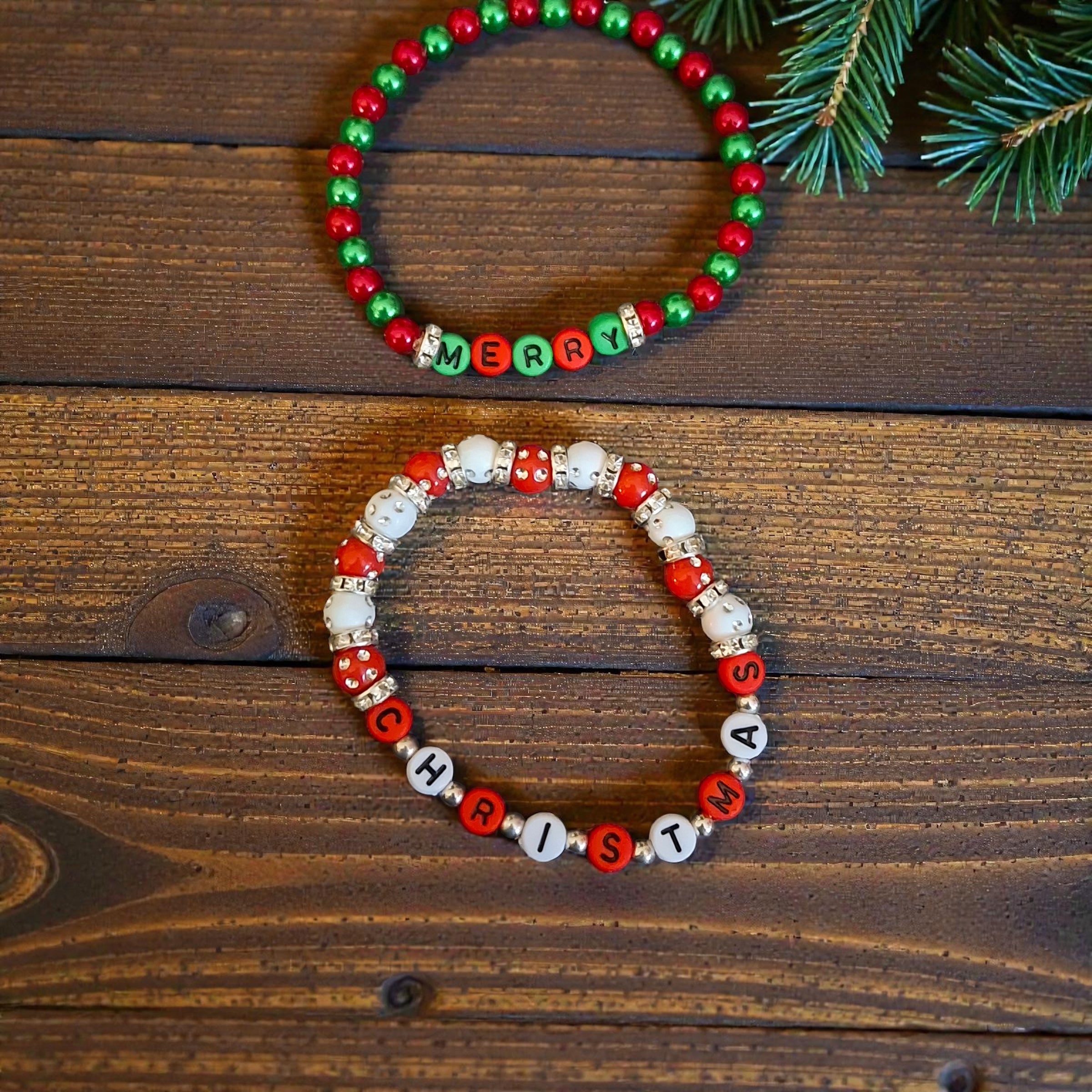 Dark Green and Red and White Beaded Bracelet