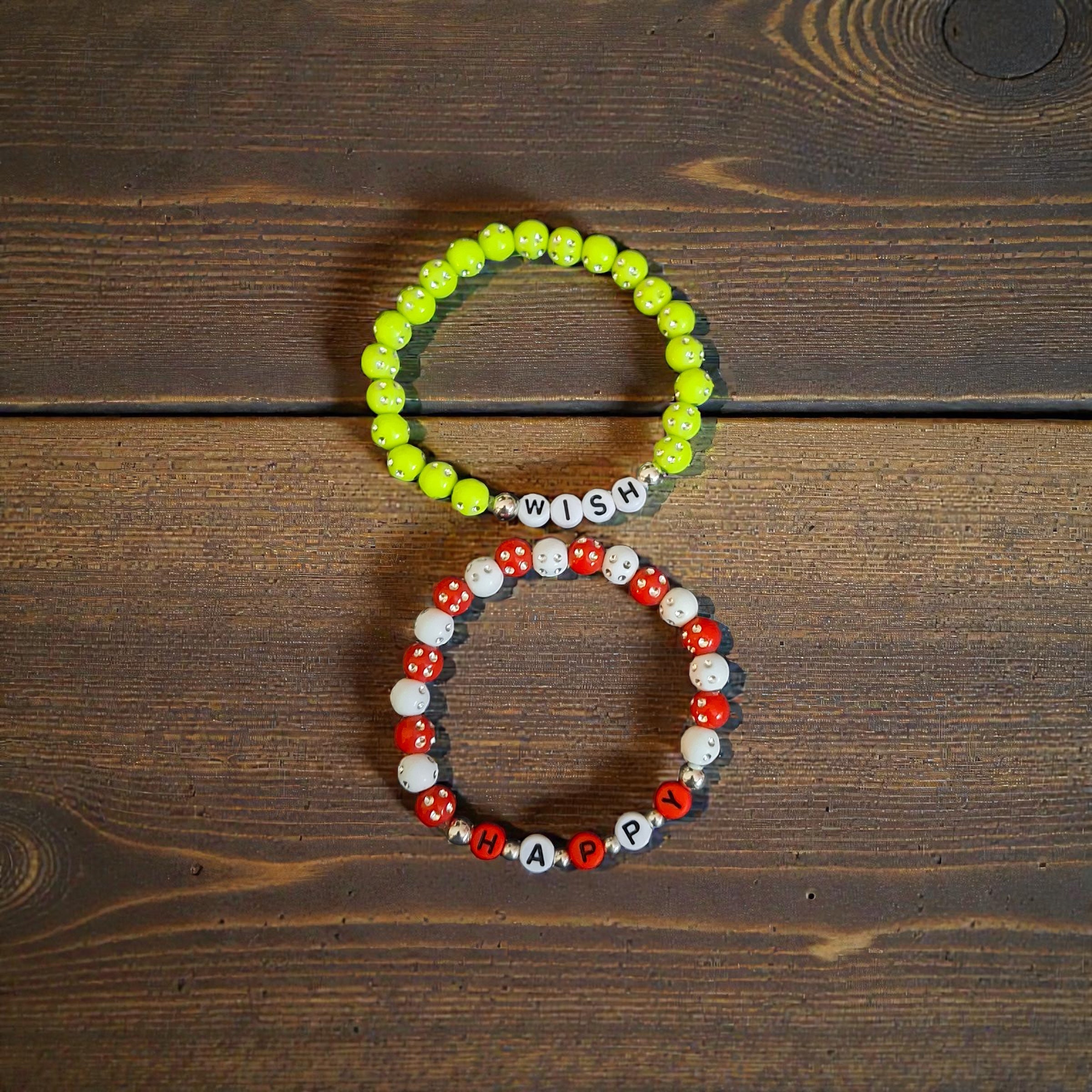 Lime Green and Red and White Beaded Bracelet