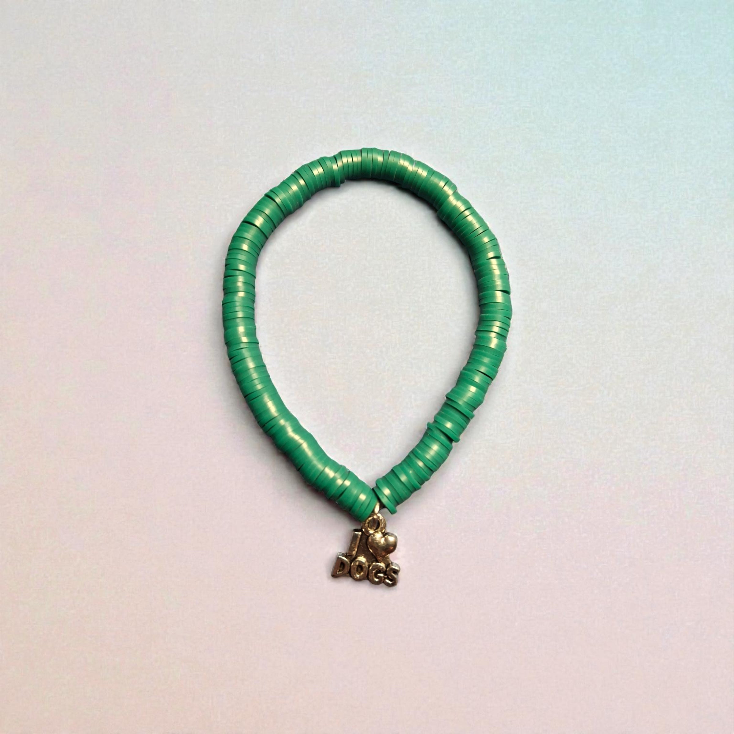 Green Clay Bracelet with I Love Dogs Charm