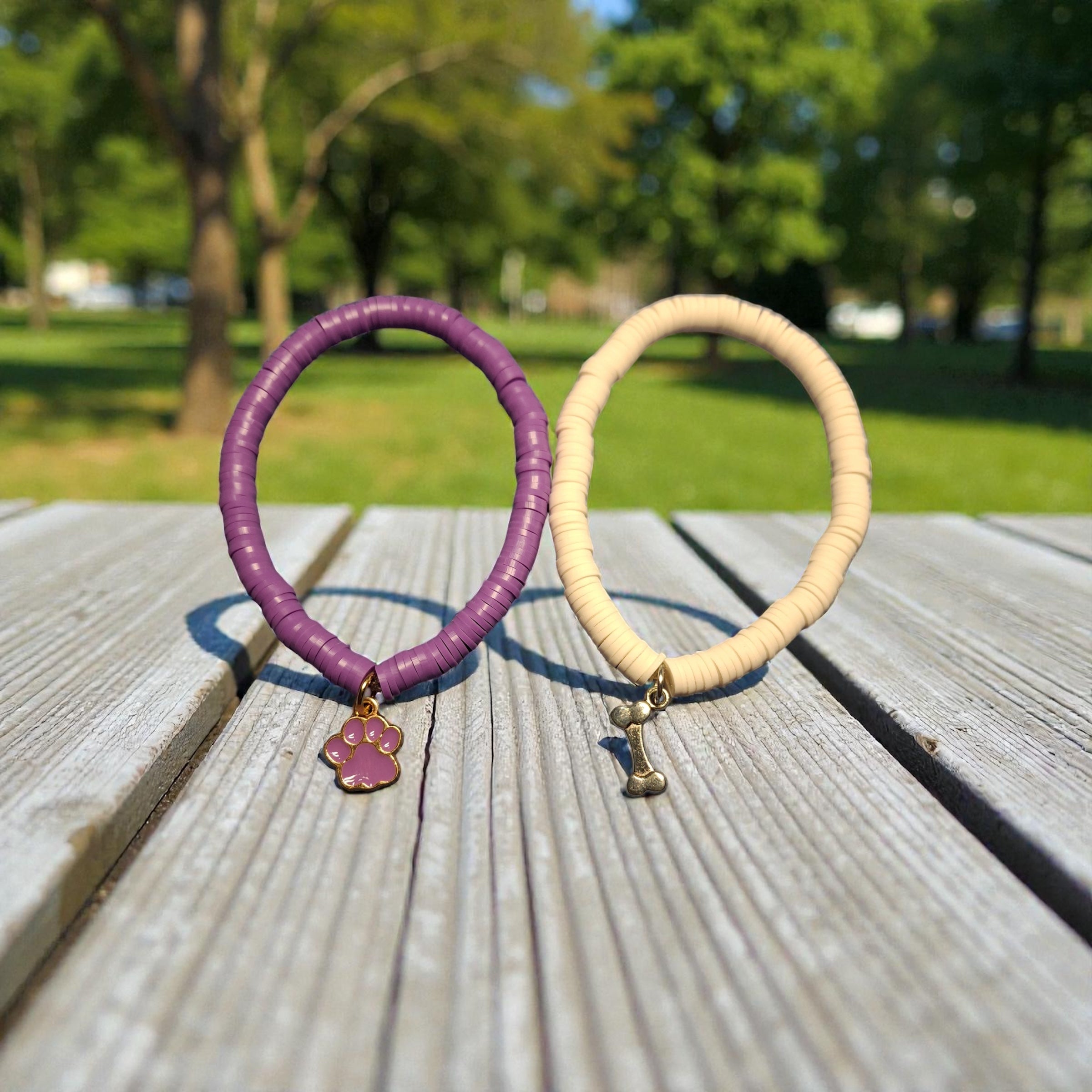 Purple and White Clay Bracelet with Paw and Bone Charm