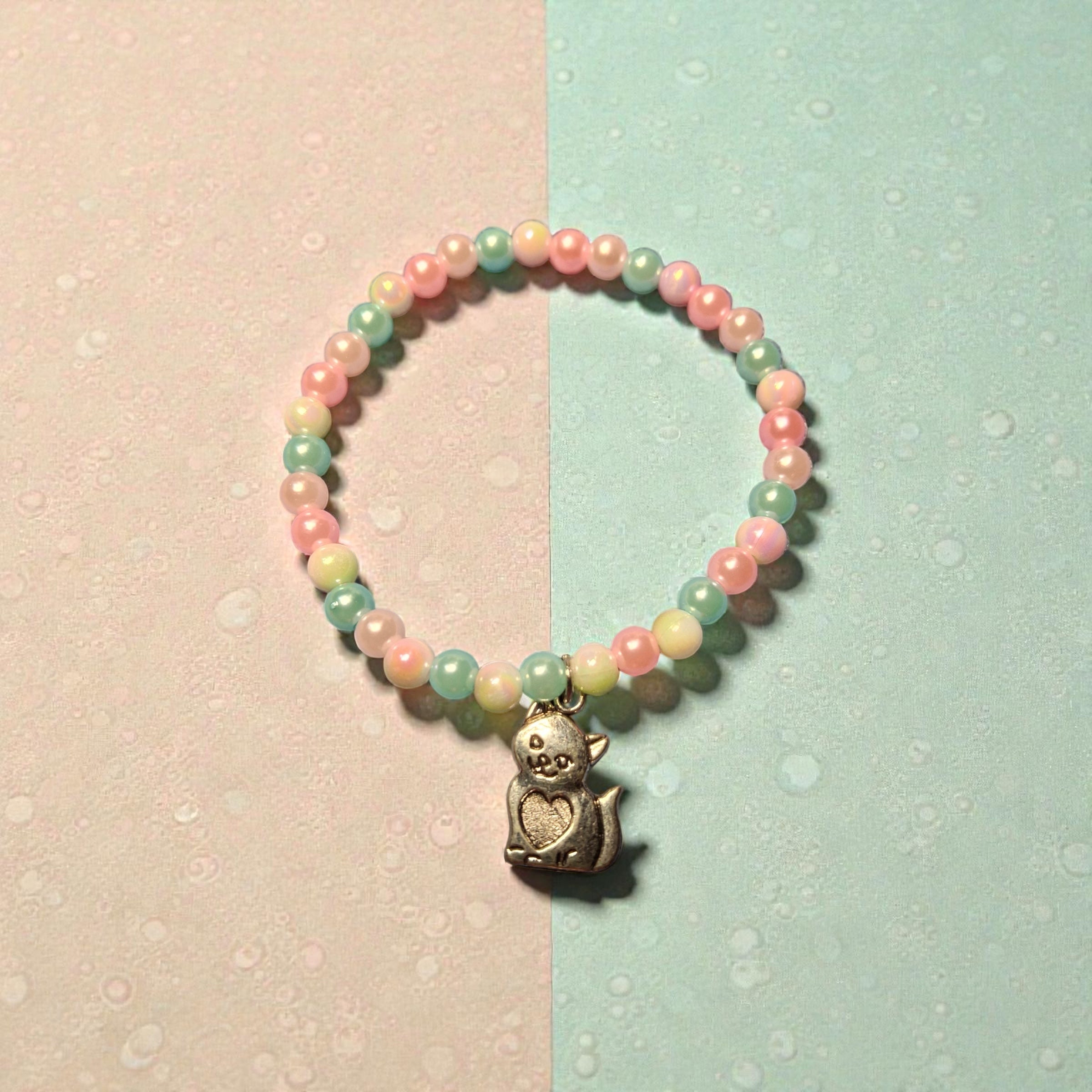Pink, Blue, White Pearl Round Bracelet with Cat Charm