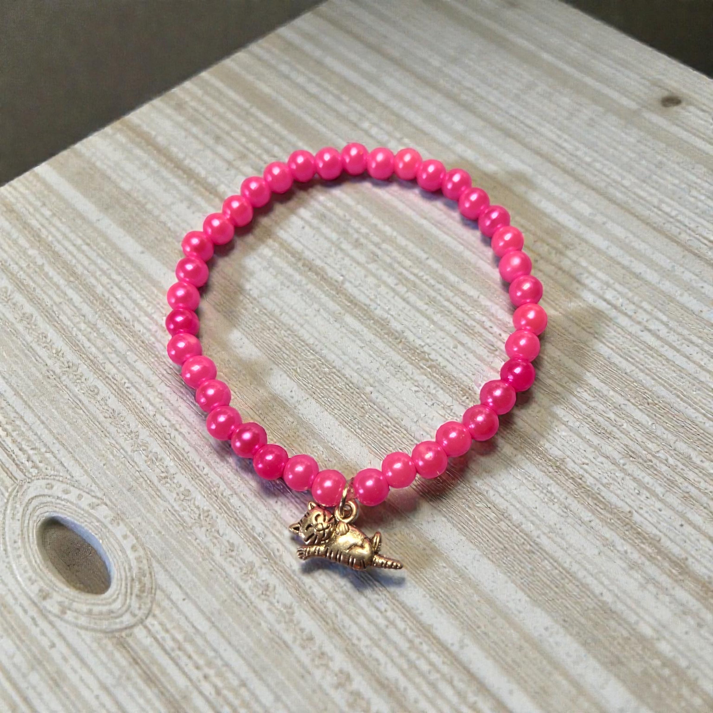 Pink Round Bracelet with Cat Charm