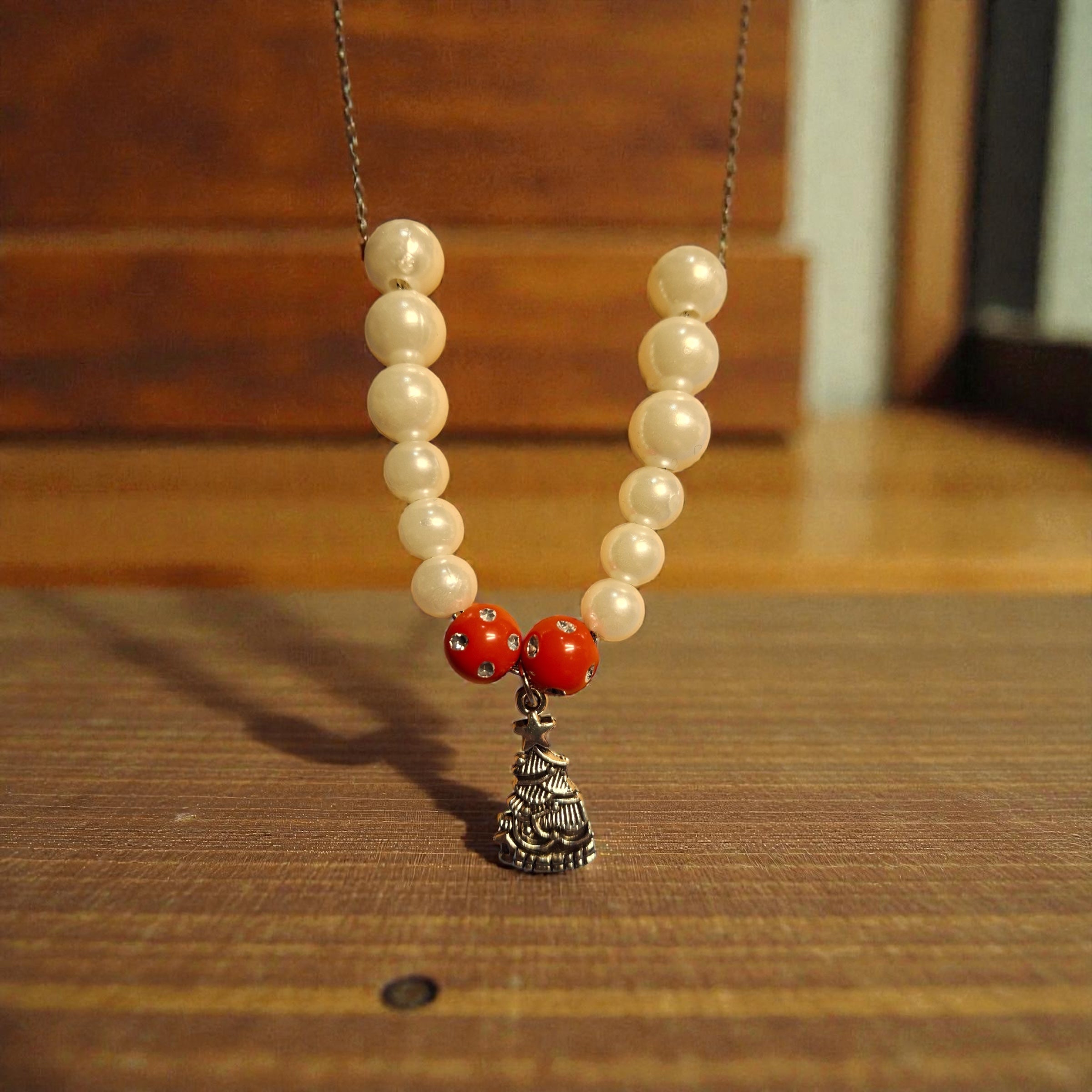 White/Red Beads with Christmas Tree charm
