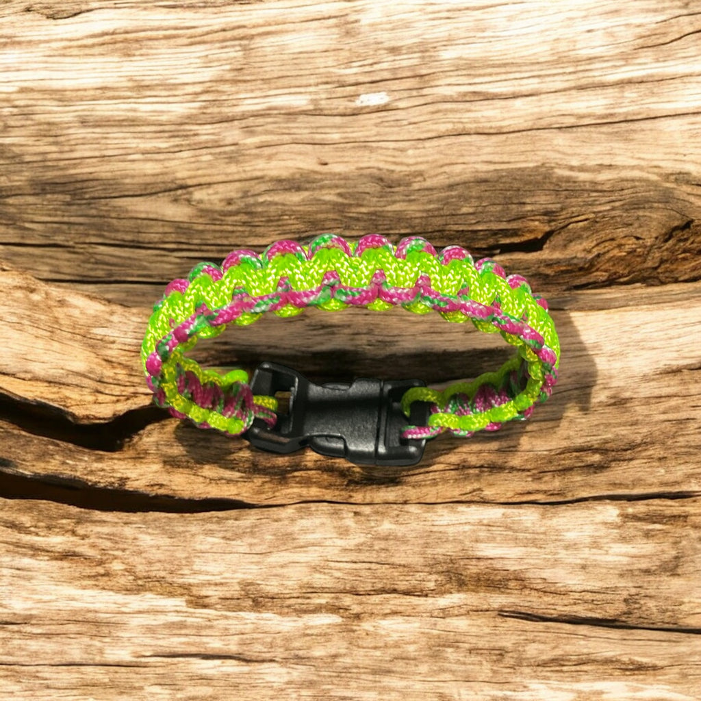 Pink and Lime Green Paracord Bracelet with Black Clasp