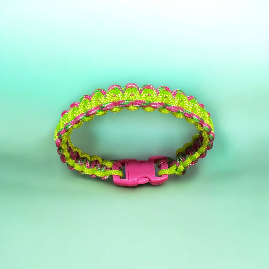 Pink and Lime Green Paracord Bracelet with Pink Clasp