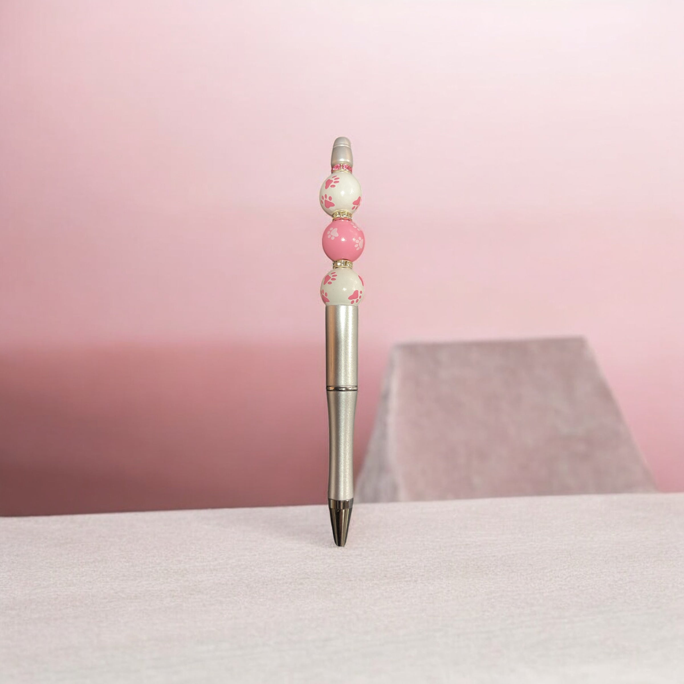 Silver Ink Pen with White and Pink Wooden Balls