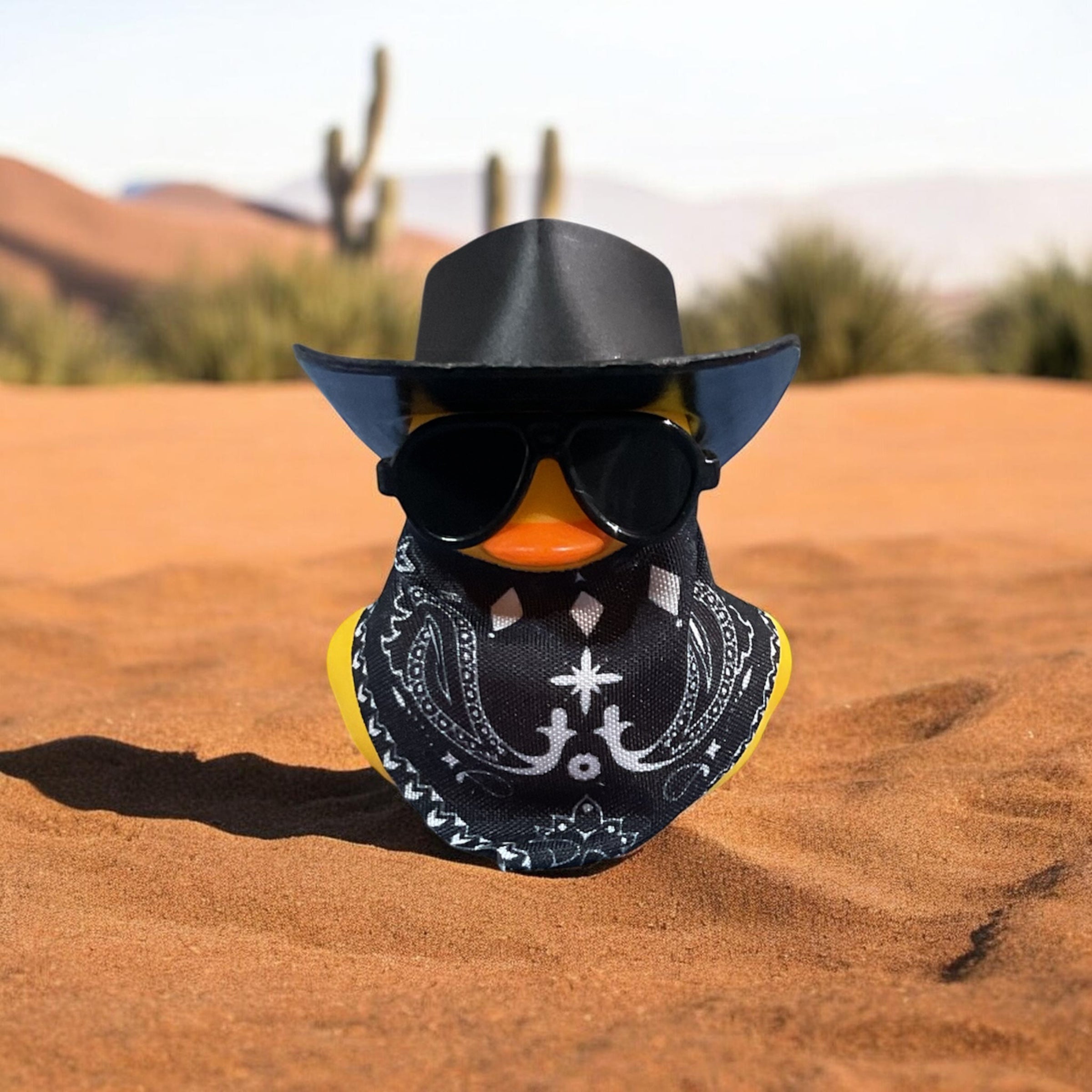 Yellow Rubber Duck with Black Bandana, Black Sunglasses, Black Cowboy Hat