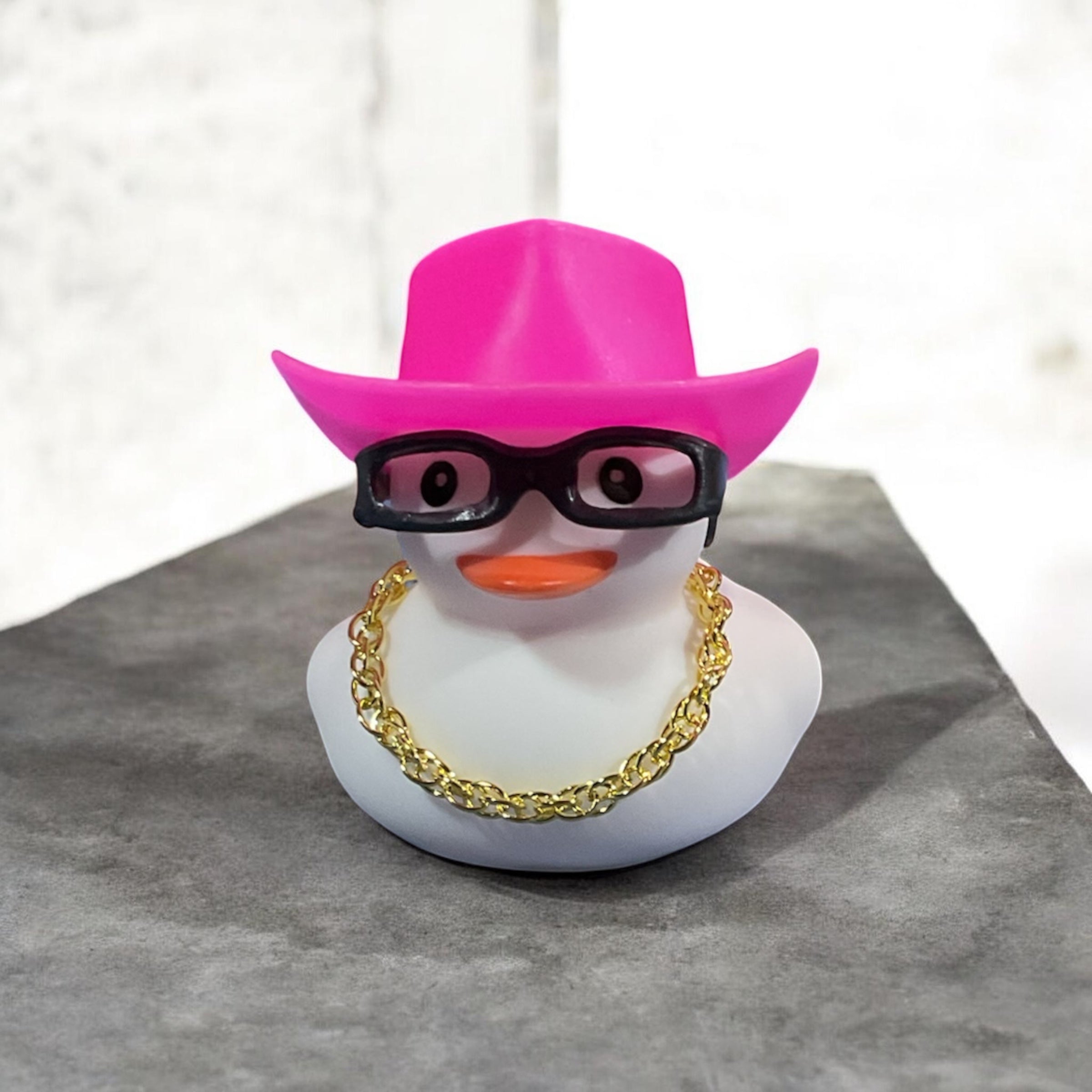 White Rubber Duck with Pink Cowboy Hat, Black Glasses, and Gold Chain