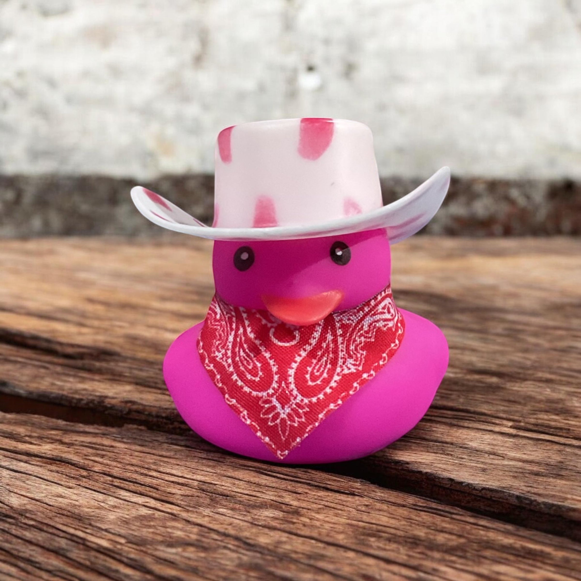 Pink Rubber Duck with White and Pink Cowboy Hat and Bandana