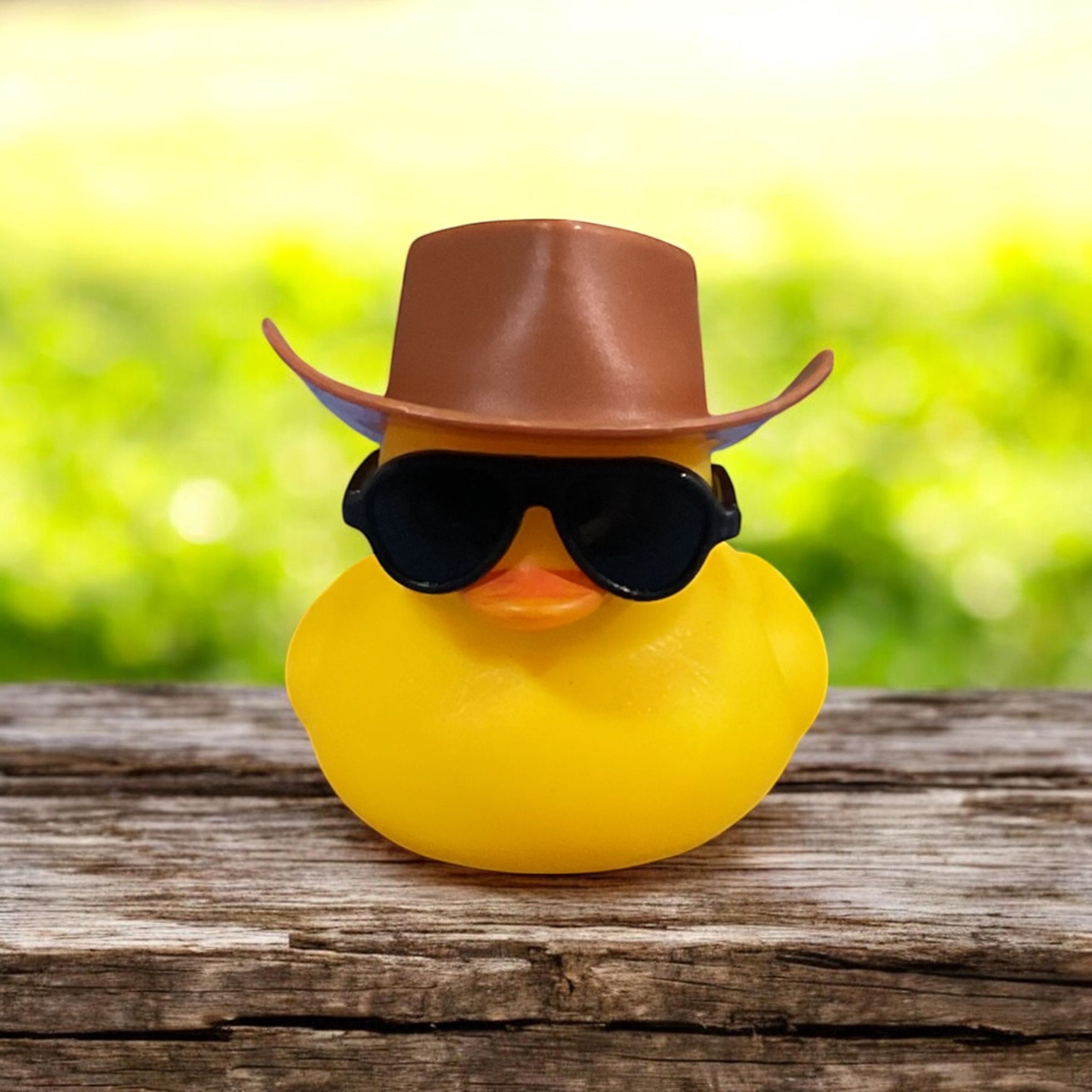 Yellow Rubber Duck with Brown Cowboy Hat and Black Sunglasses