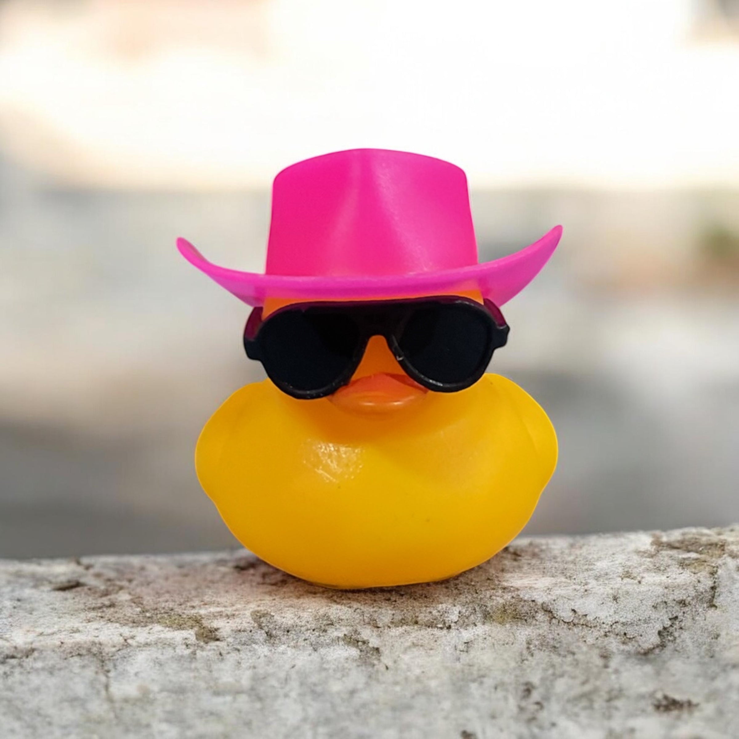 Yellow Rubber Duck with Pink Cowboy Hat and Black Sunglasses