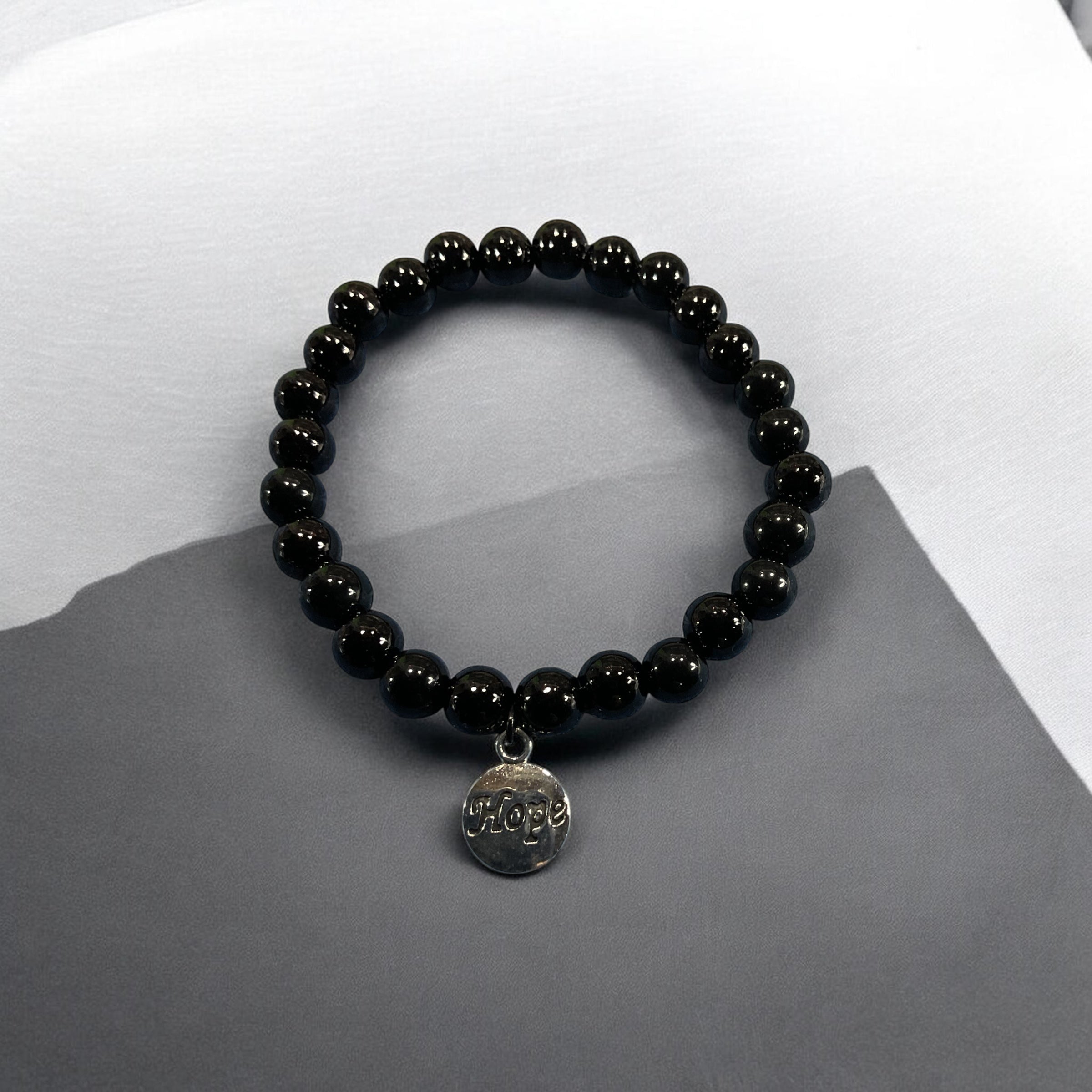 Black Glass Bead Bracelet with Hope Charm