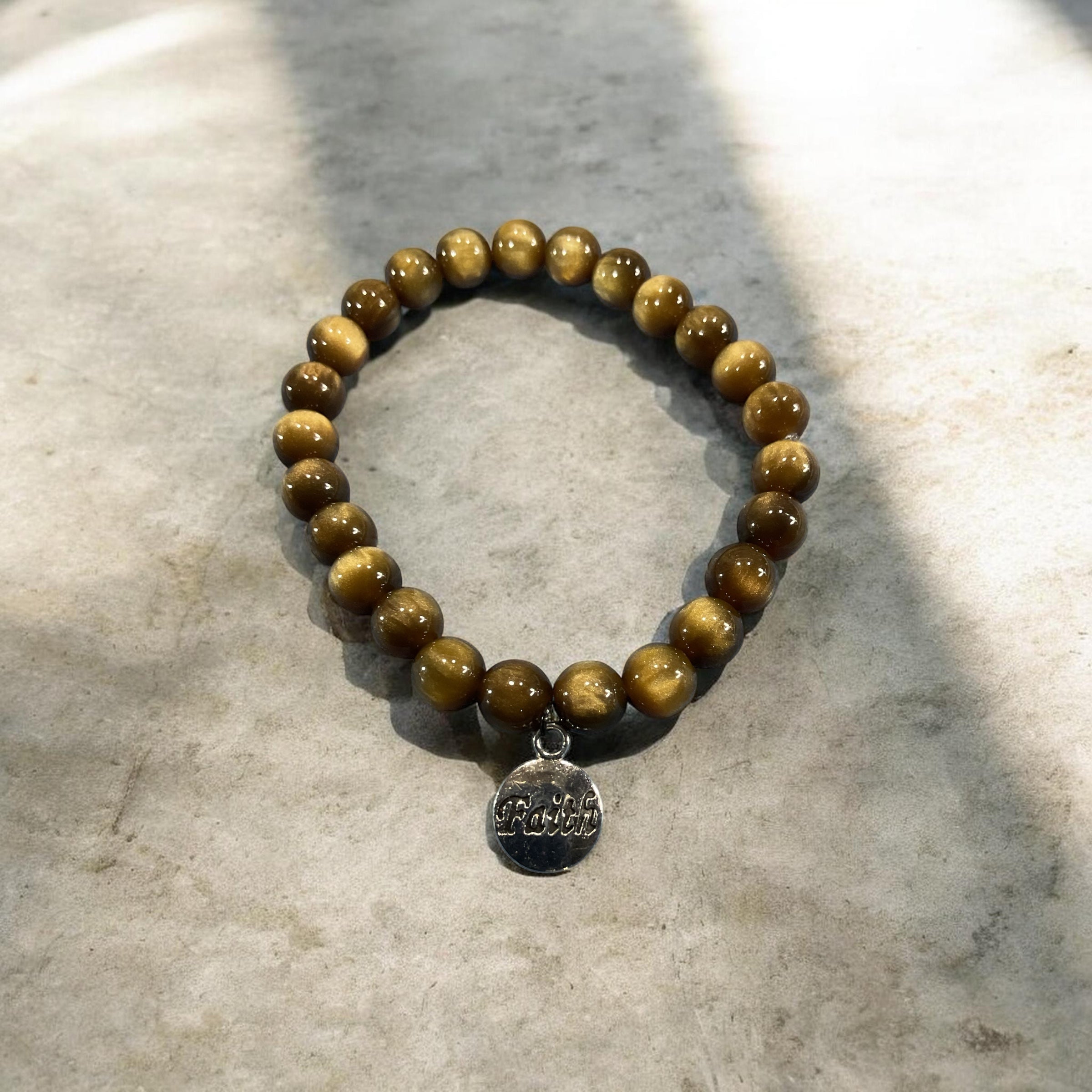 Brown and Tan Glass Bead Bracelet with Faith Charm