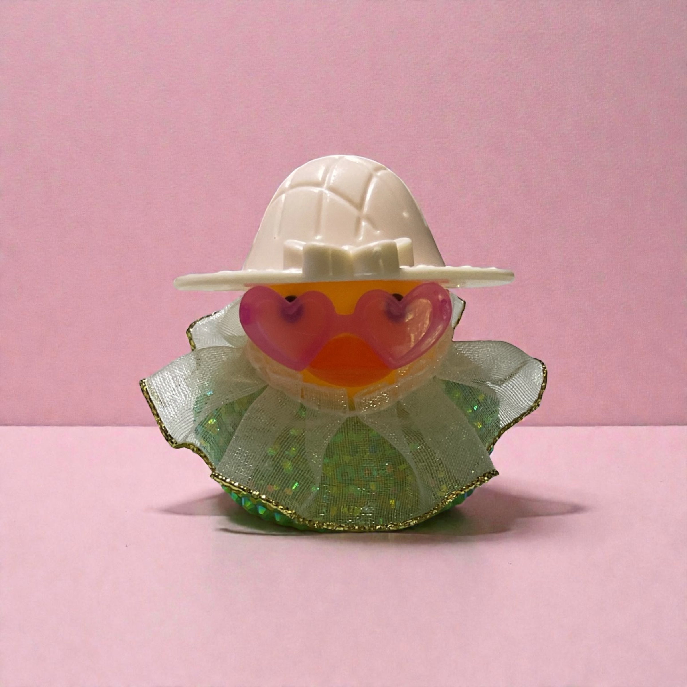 Yellow Duck with Green Bling, Dress, and Cream Hat