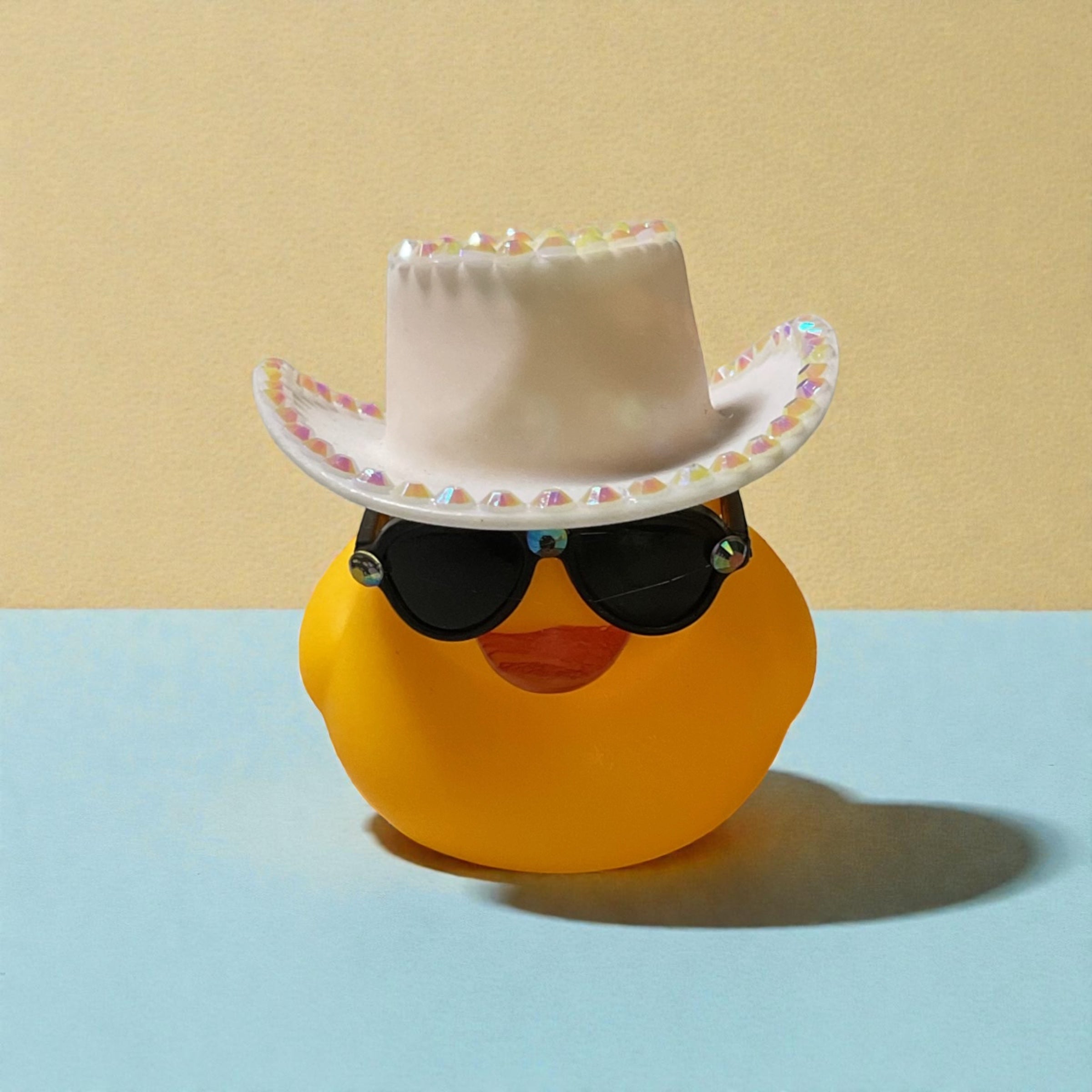 Yellow Duck with Black Sunglasses and White Bling Cowboy Hat