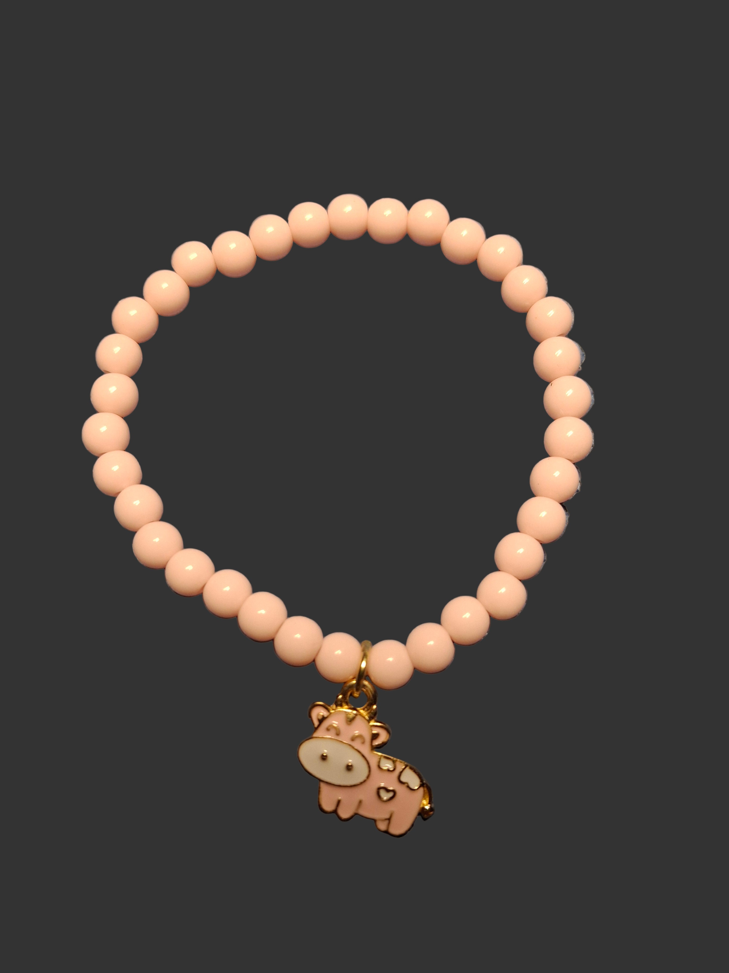 Pink Round Bead Bracelet with Pink Cow Charm