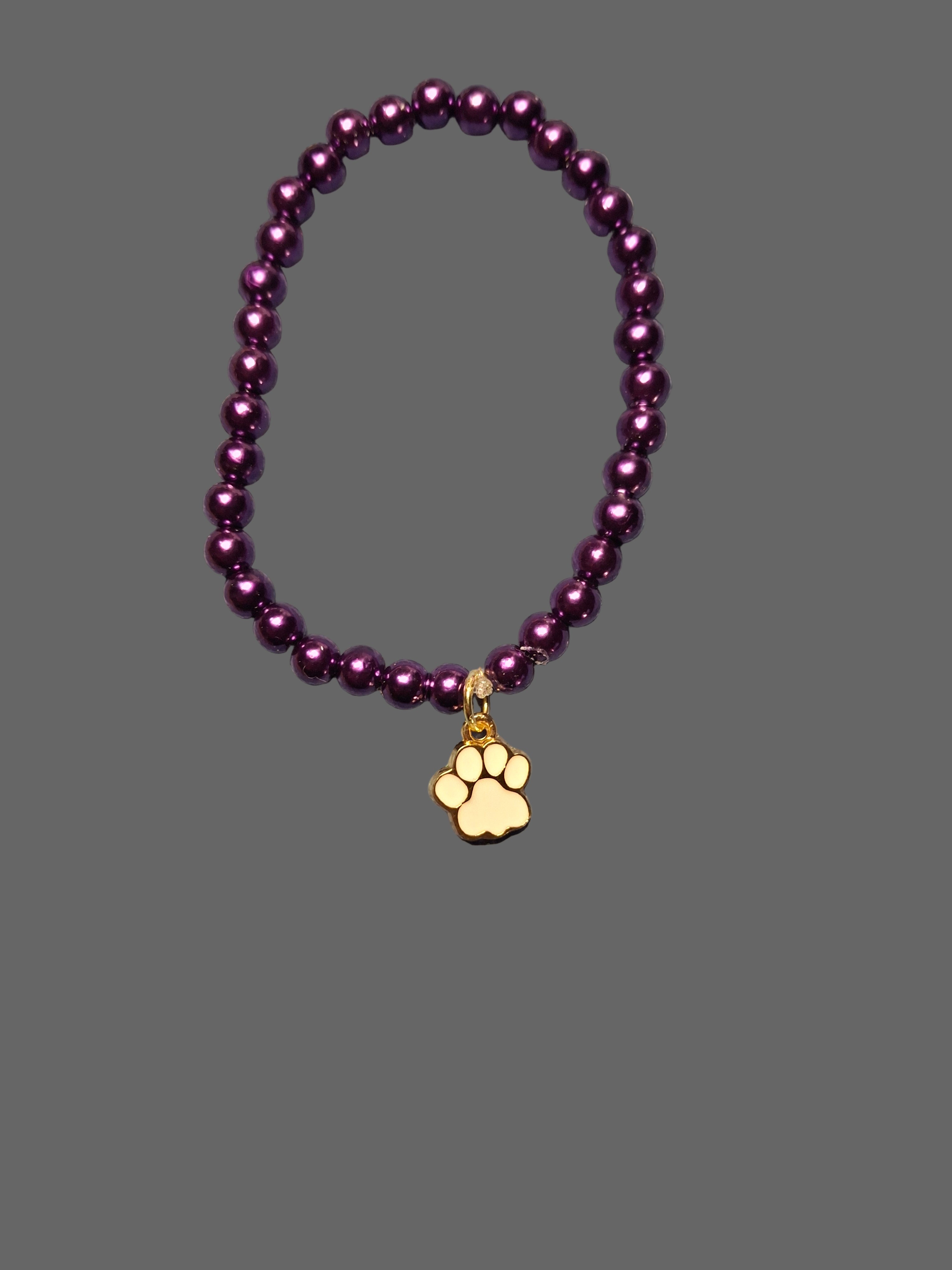 Purple Bead Bracelet with White Paw Charm