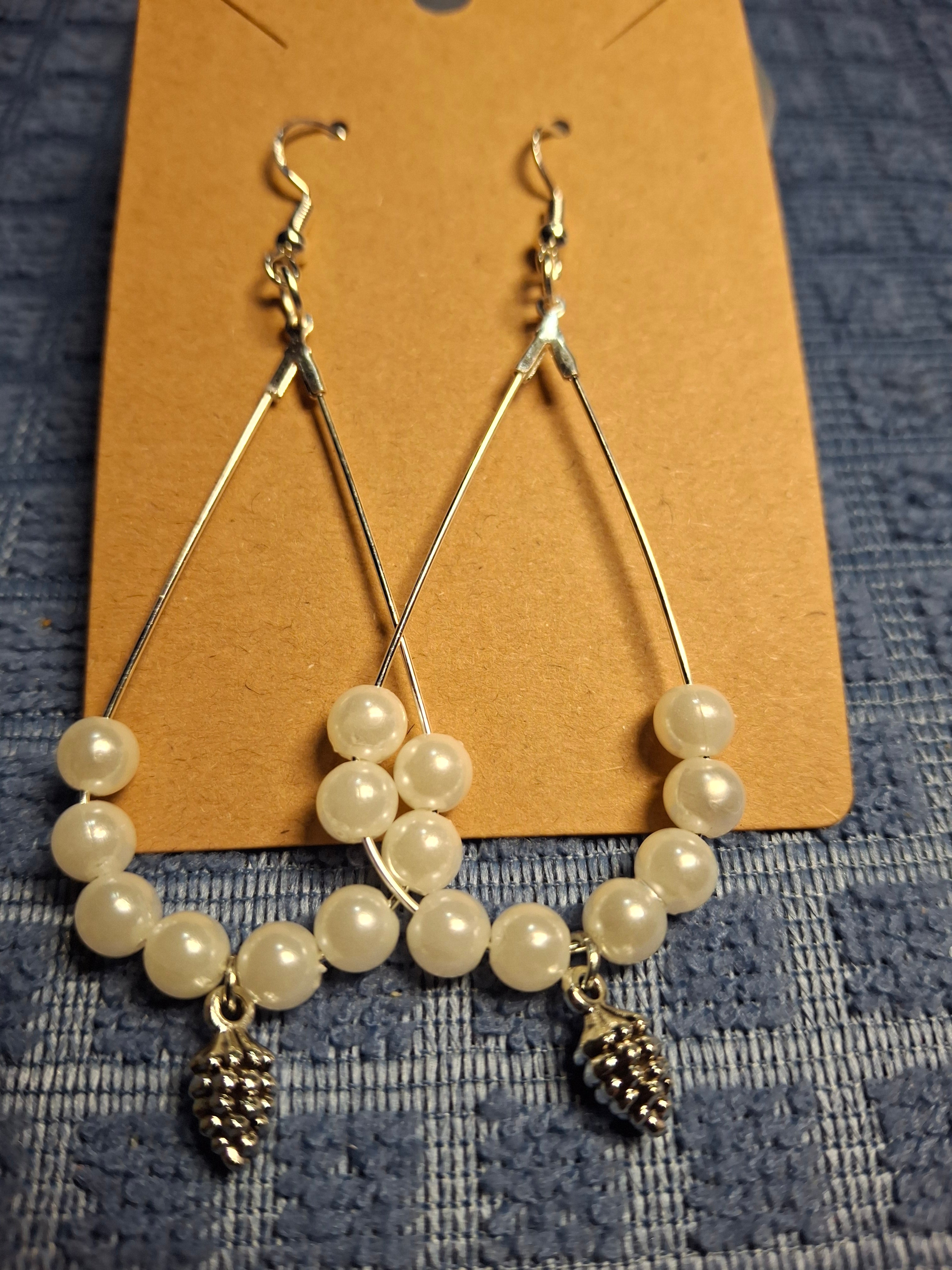 White Beads with Pine Cone Earrings
