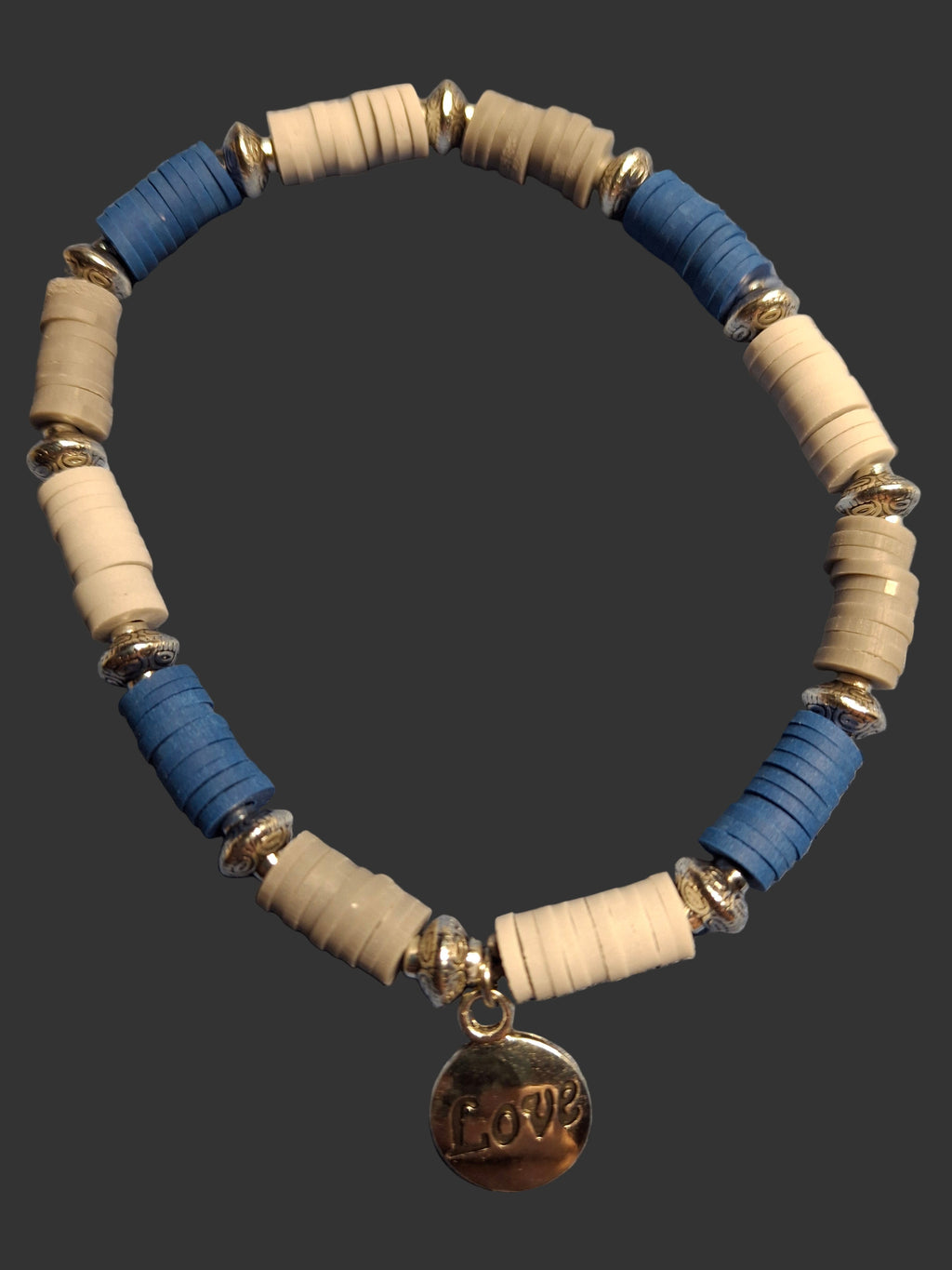 Blue, Grey, clay Bracelet with Faith or Love charm