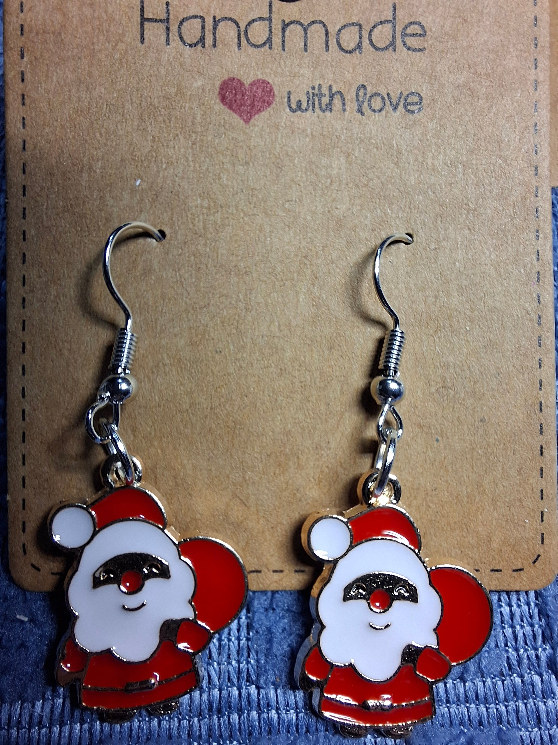 Santa Claus earrings on a 'Handmade with Love' card