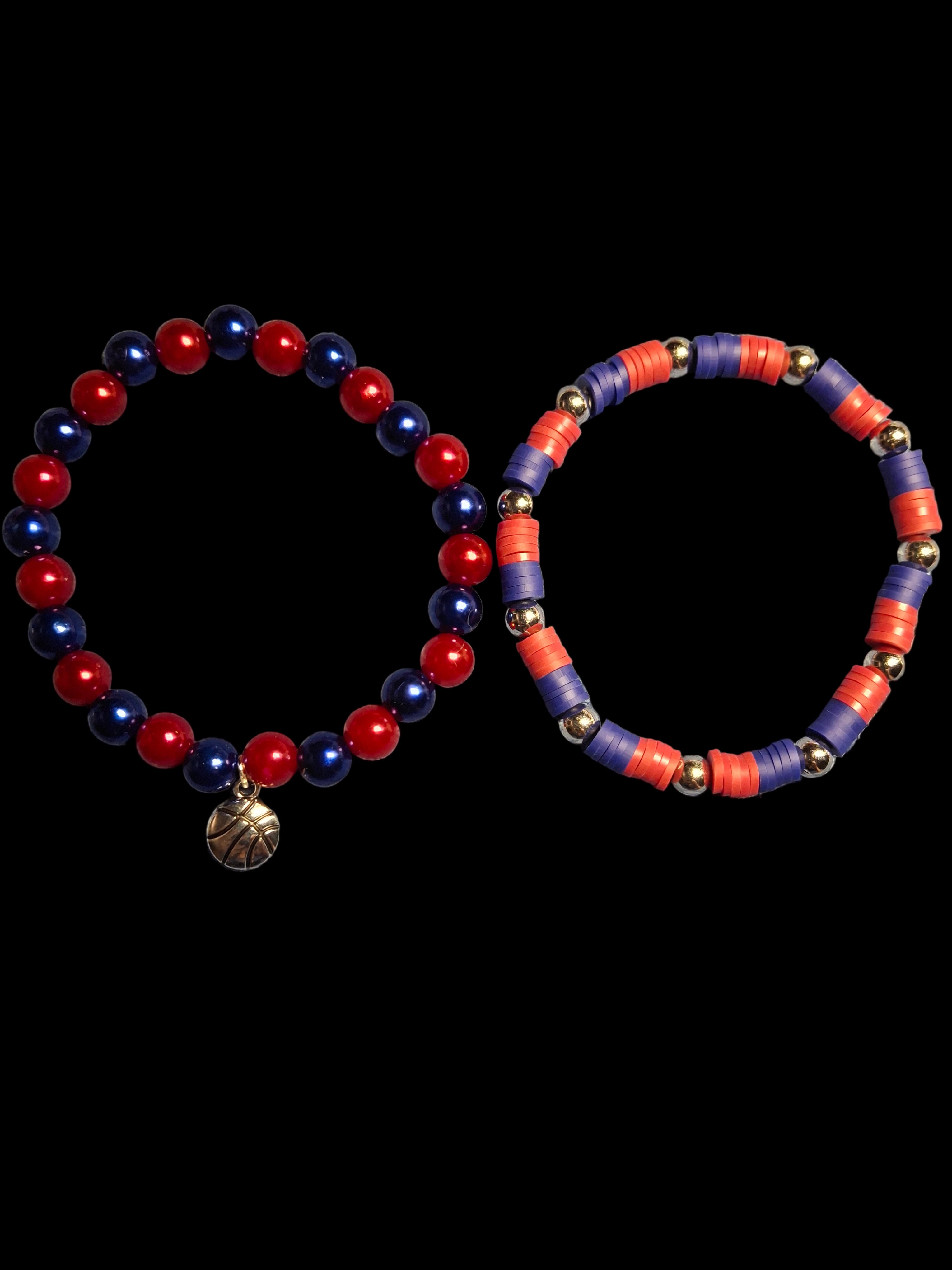 Two beaded bracelets with red, blue, and silver beads on a black background