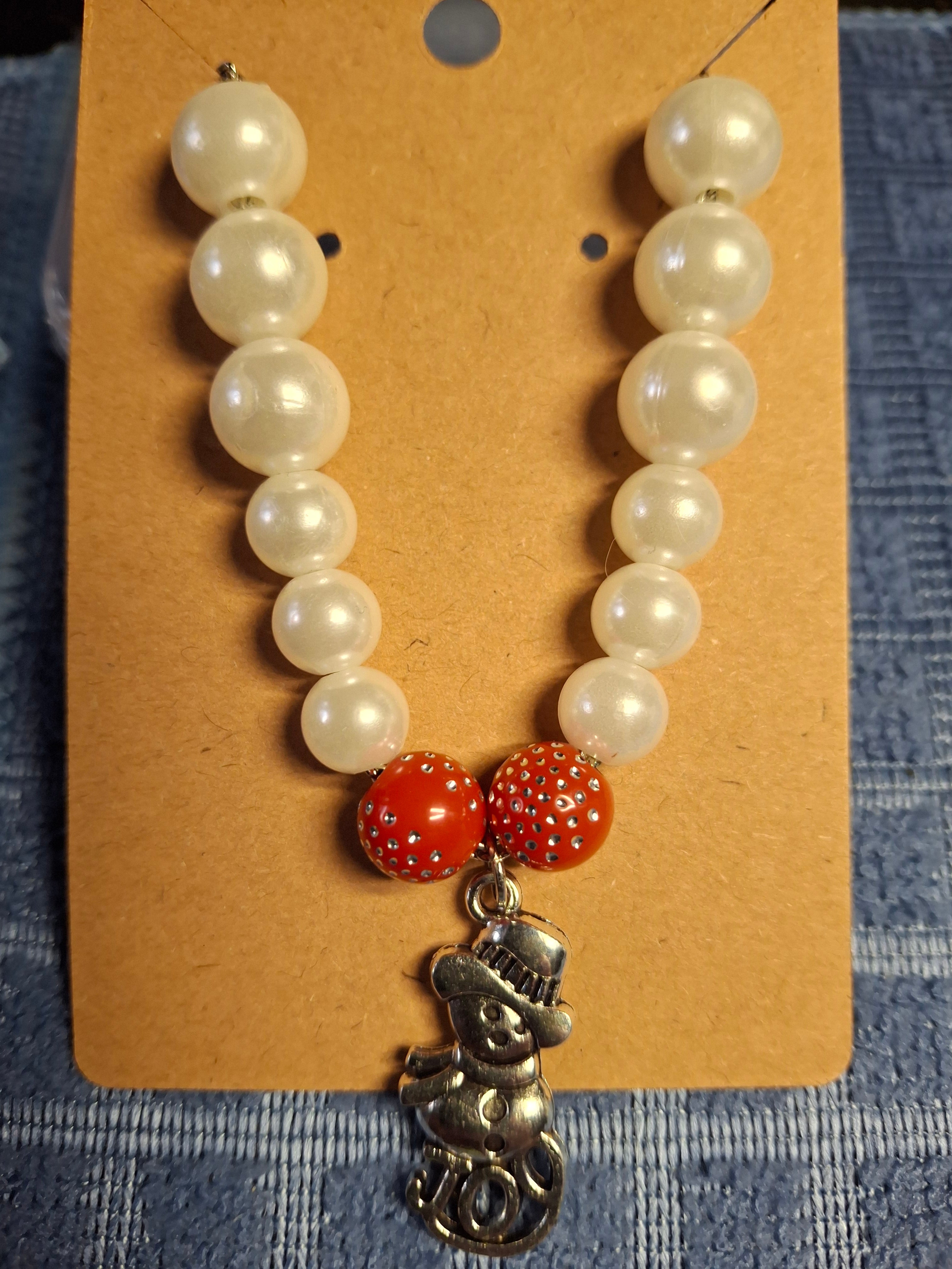 White beads with Snowman Charm necklace