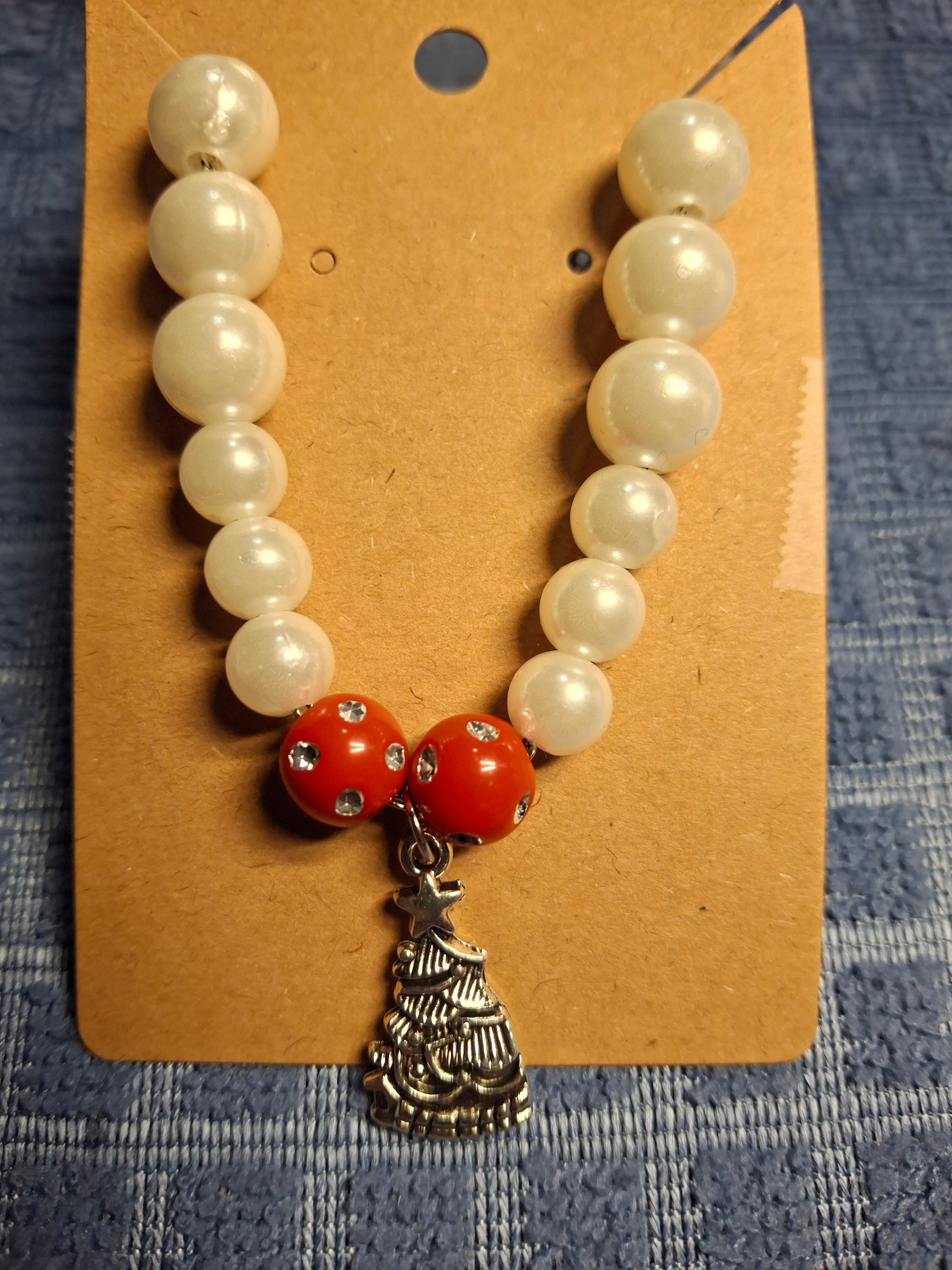 White/Red Beads with Christmas Tree charm